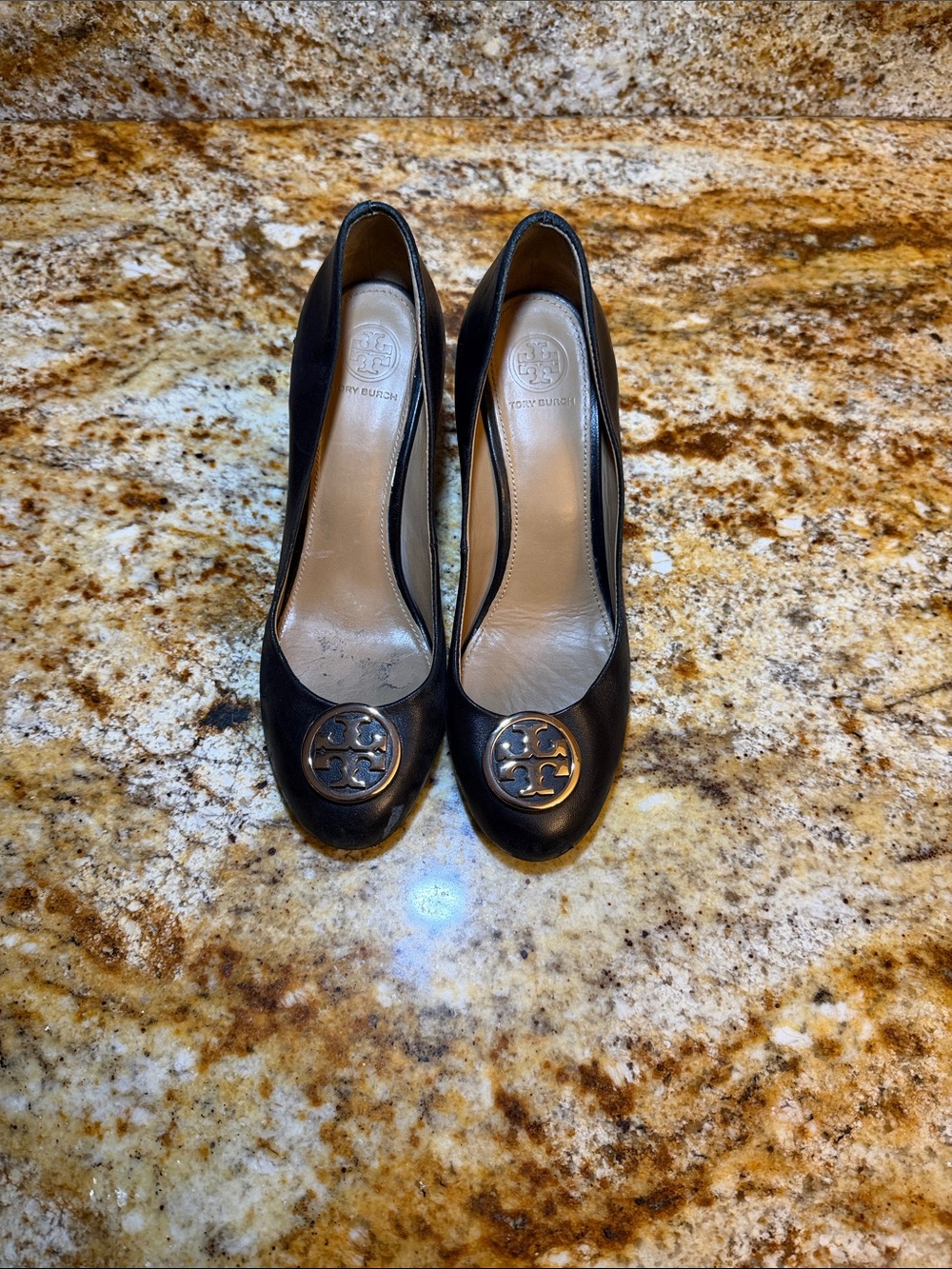 Tory Burch Black Leather Logo Pump with Gold Emblem